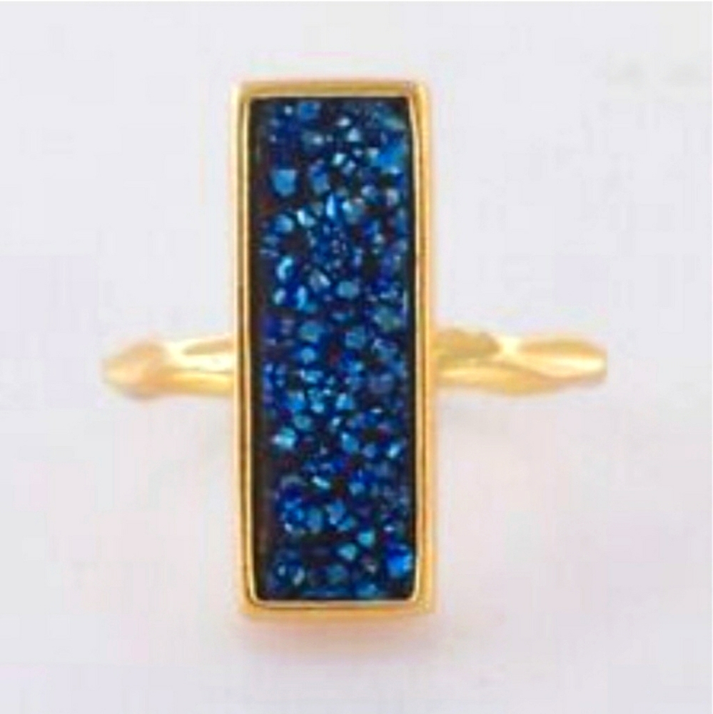 New Titanium Blue Agate Druzy Bezel Gold Plated Ring.
